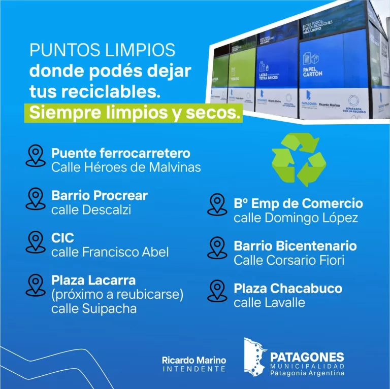 🌍 En Patagones, a través de los Puntos Limpios recuperamos muchos materiales reciclables que se incorporan a la economía circular diariamente.
