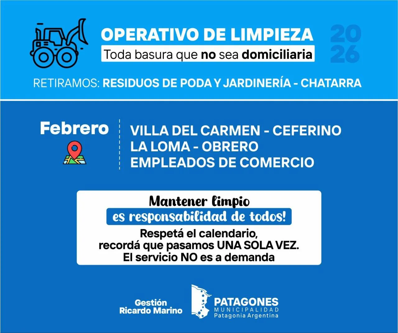 Operativo de limpieza en barrios de Carmen de Patagones durante febrero de 2026