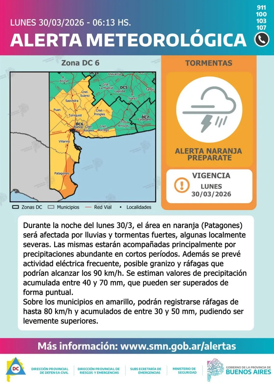 Alerta por tormentas fuertes y severas para la noche del lunes 30 y madrugada del martes 31 de marzo