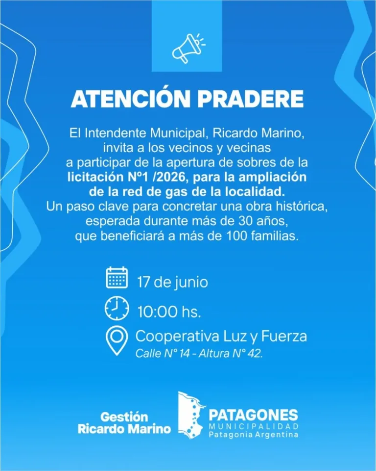 Licitación Pública Nº 1/2026: Ejecución de mano de obra para extensión de red de gas en Juan A. Pradere