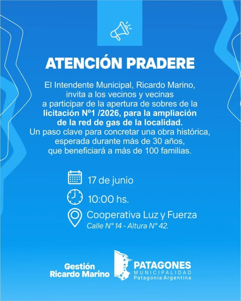 Licitación Pública Nº 1/2026: Ejecución de mano de obra para extensión de red de gas en Juan A. Pradere