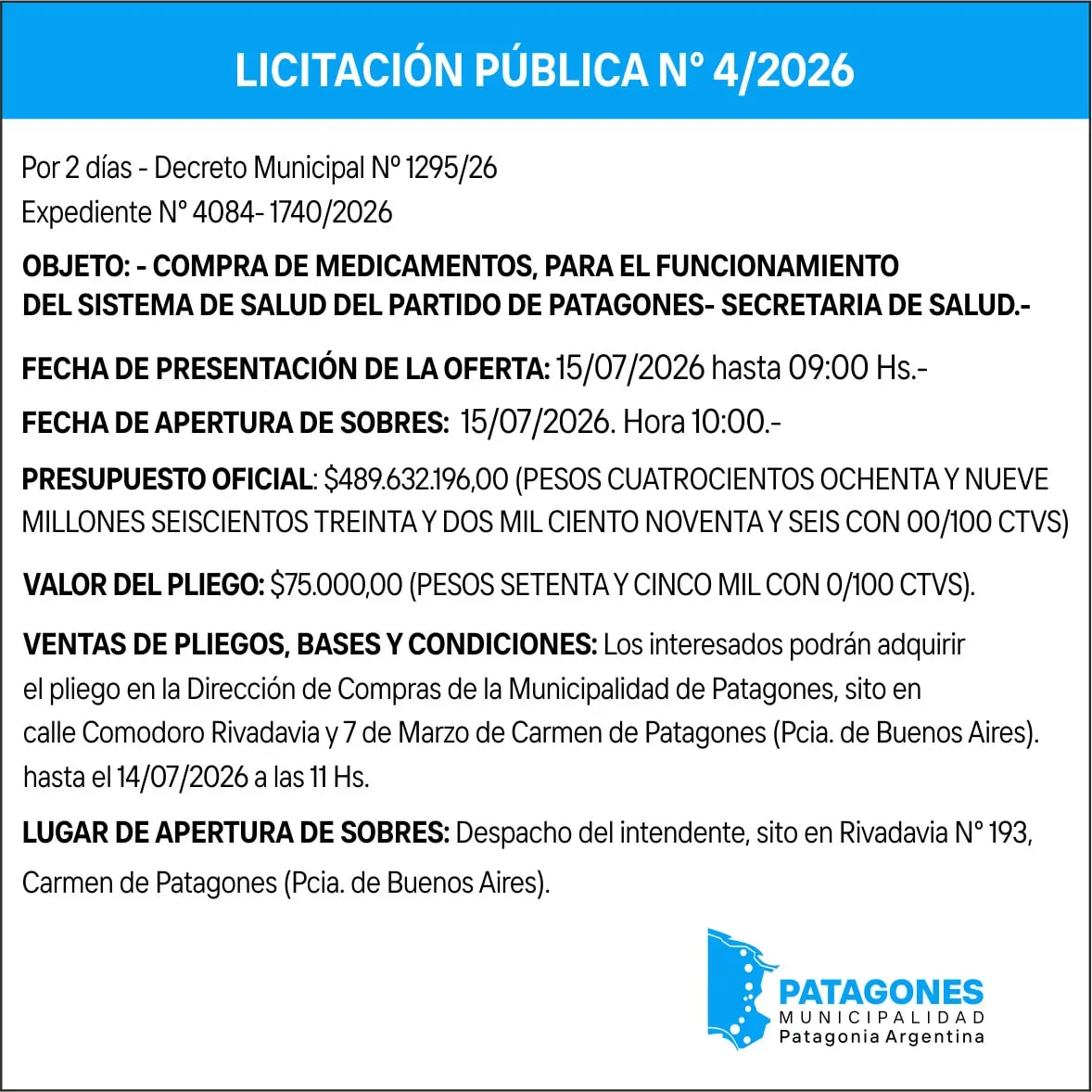 Licitación Pública Nº 1295/26: Compra de Medicamentos para el Sistema de Salud de Patagones