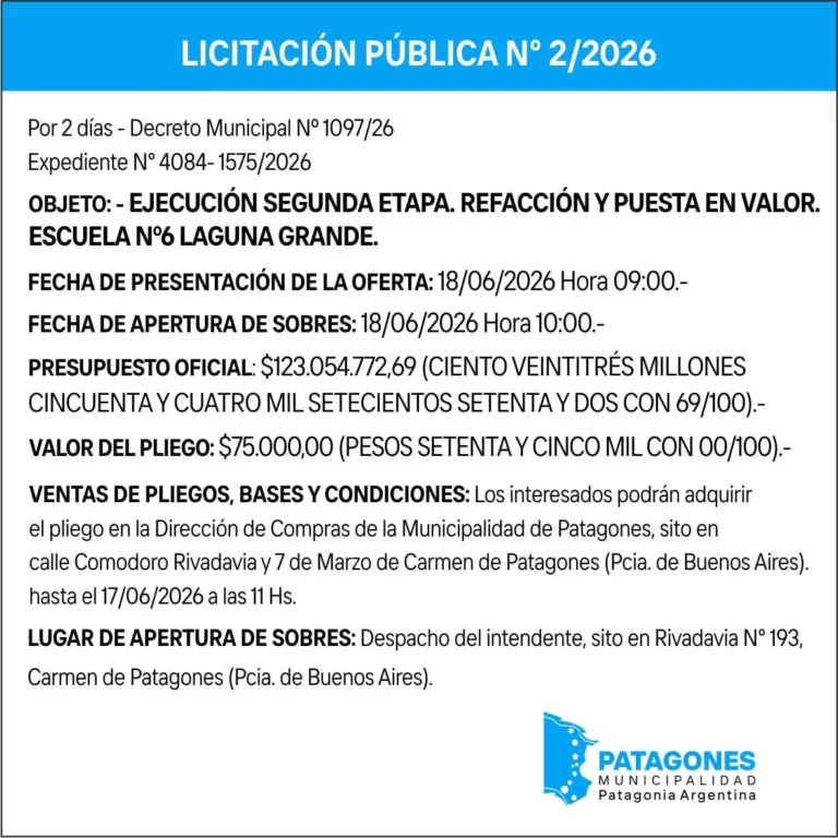 Licitación Pública N° 2/2026: Refacción y puesta en valor de la Escuela N° 6 Laguna Grande