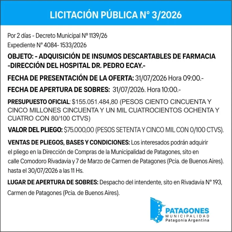 Licitación Pública N.º 3/2026: Adquisición de insumos descartables de farmacia