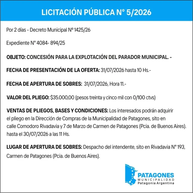 Licitación Pública N.º 5/2026 para la concesión del Parador Municipal