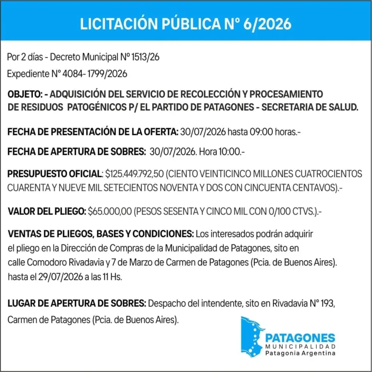 Licitación Pública N.º 6/2026 para recolección y procesamiento de residuos patogénicos