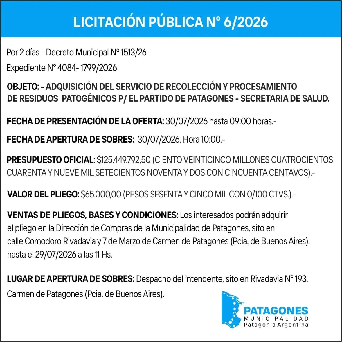 Licitación Pública N.º 6/2026 para recolección y procesamiento de residuos patogénicos