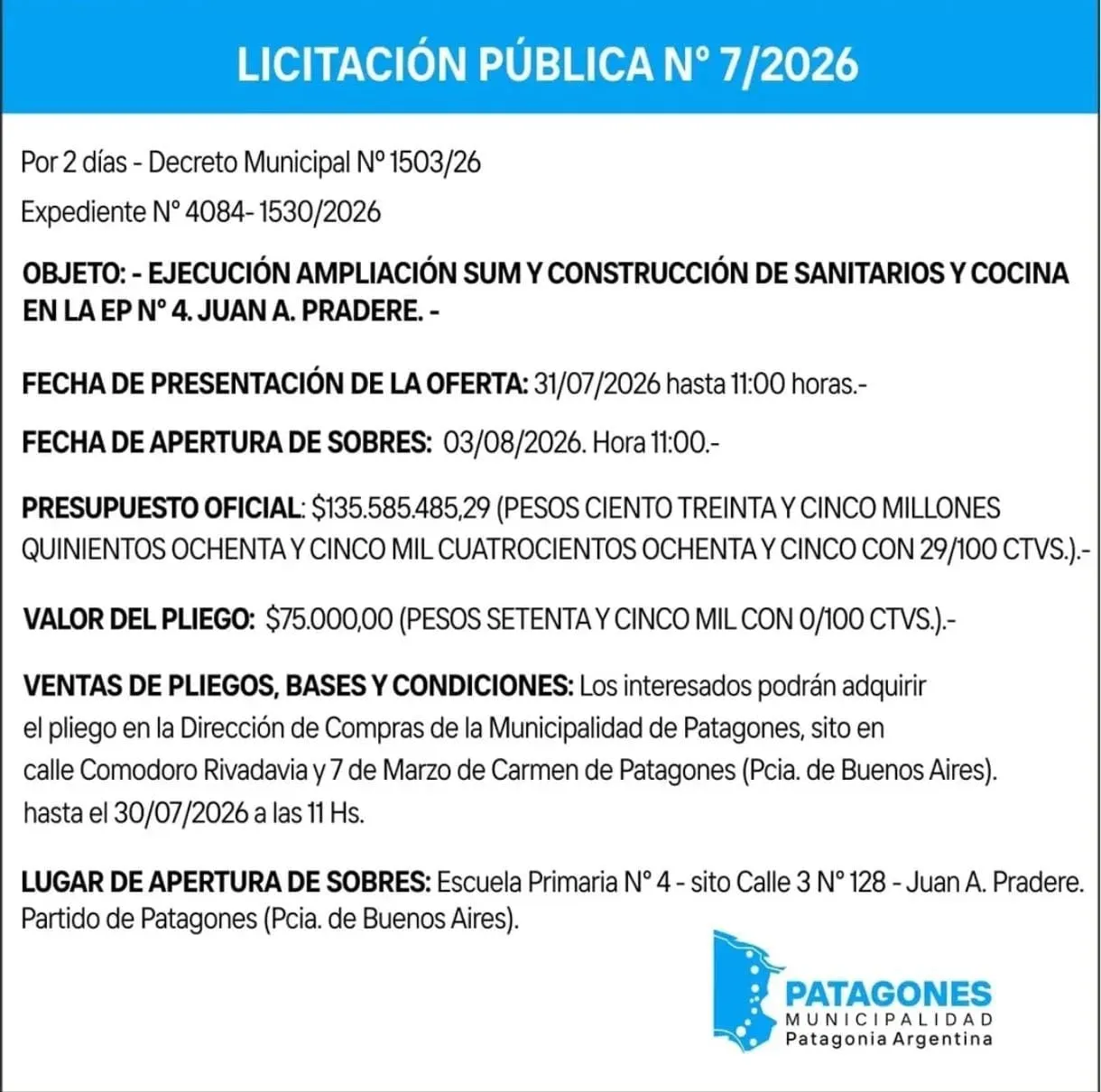 Apertura de sobres de la Licitación Pública N.º 7/2026