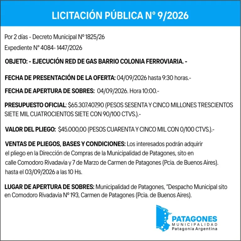 Licitación Pública para la Ejecución de Red de Gas en Barrio Colonia Ferroviaria