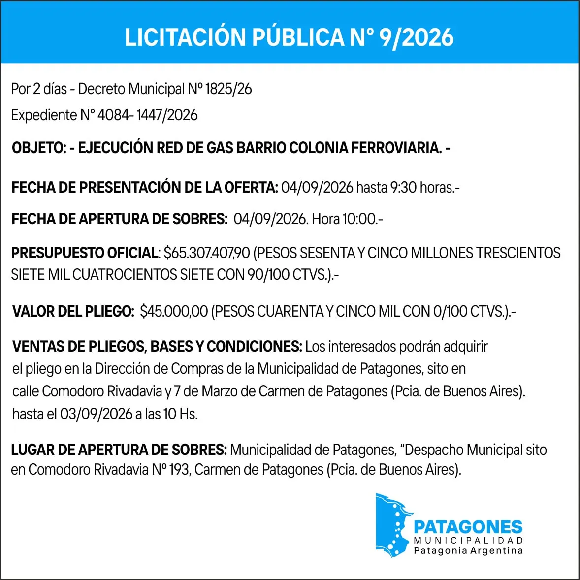 Licitación Pública para la Ejecución de Red de Gas en Barrio Colonia Ferroviaria