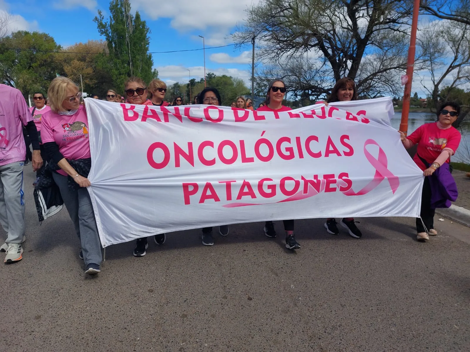 Vecinos marchan con el banner del Banco de Pelucas Oncológicas Patagones durante la Caminata Rosa