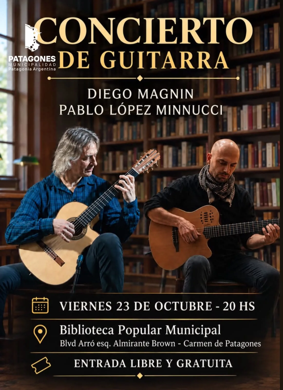 Cartel del concierto de guitarra de Diego Magnin y Pablo López Minnucci en la Biblioteca Popular Municipal de Carmen de Patagones