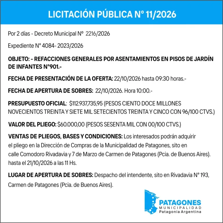 Licitación Pública N° 11/2026 para refacciones en pisos del Jardín de Infantes N°901