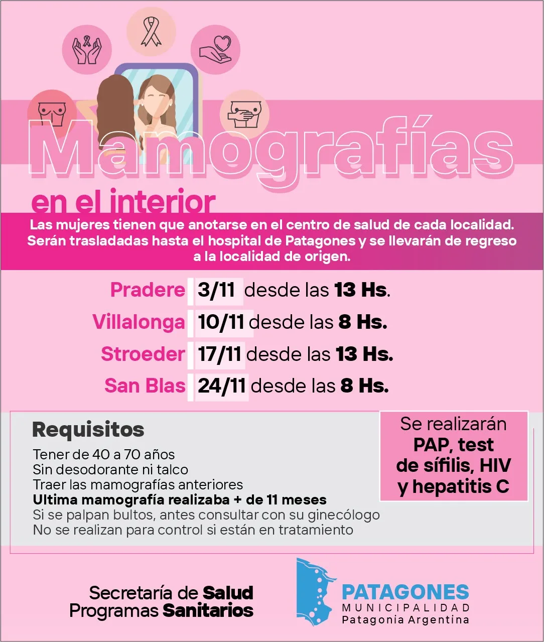 Cartel del operativo de mamografías en el Hospital de Patagones para mujeres de las localidades del Partido