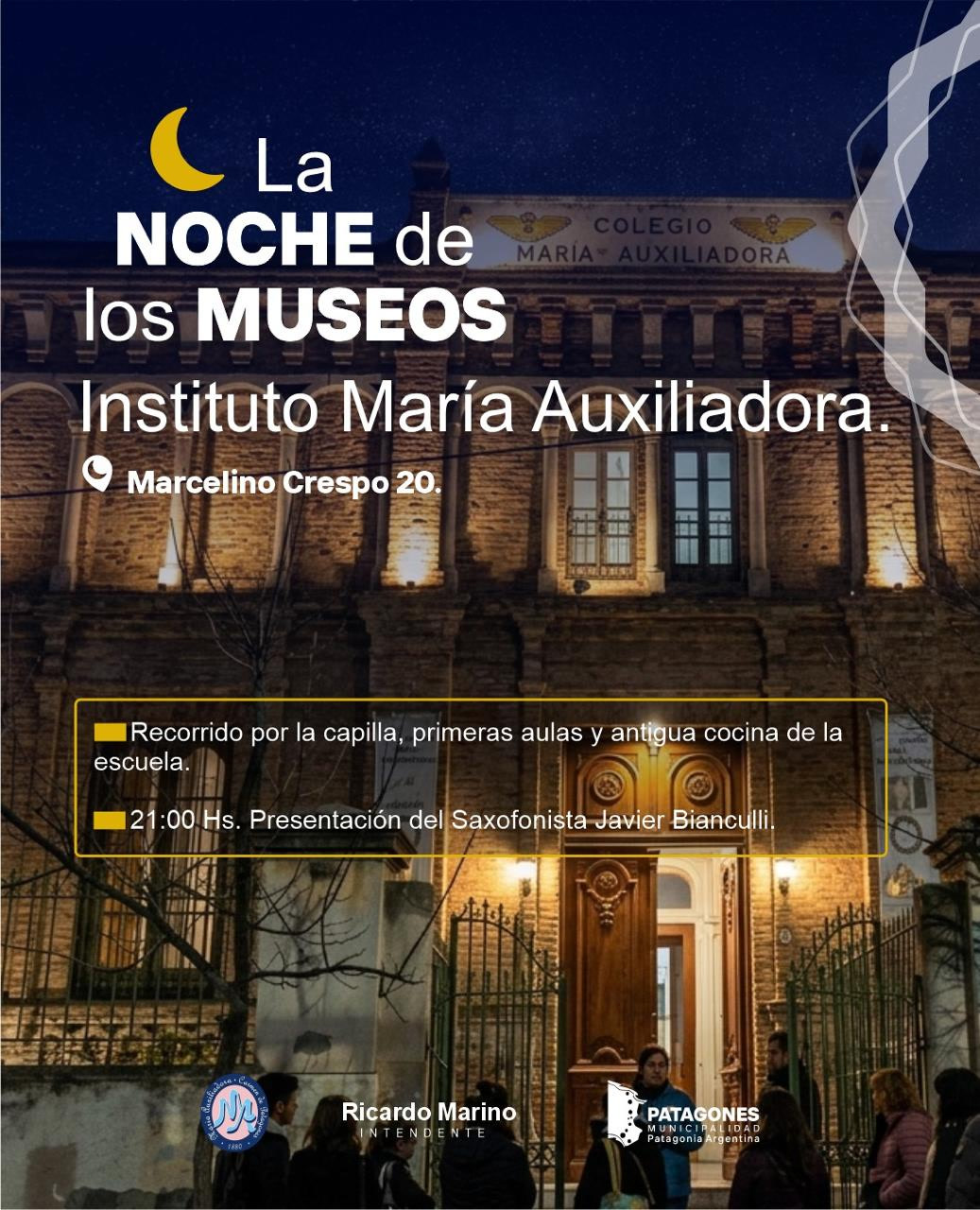 Afiche de la Noche de los Museos en el Instituto María Auxiliadora, Marcelino Crespo 20