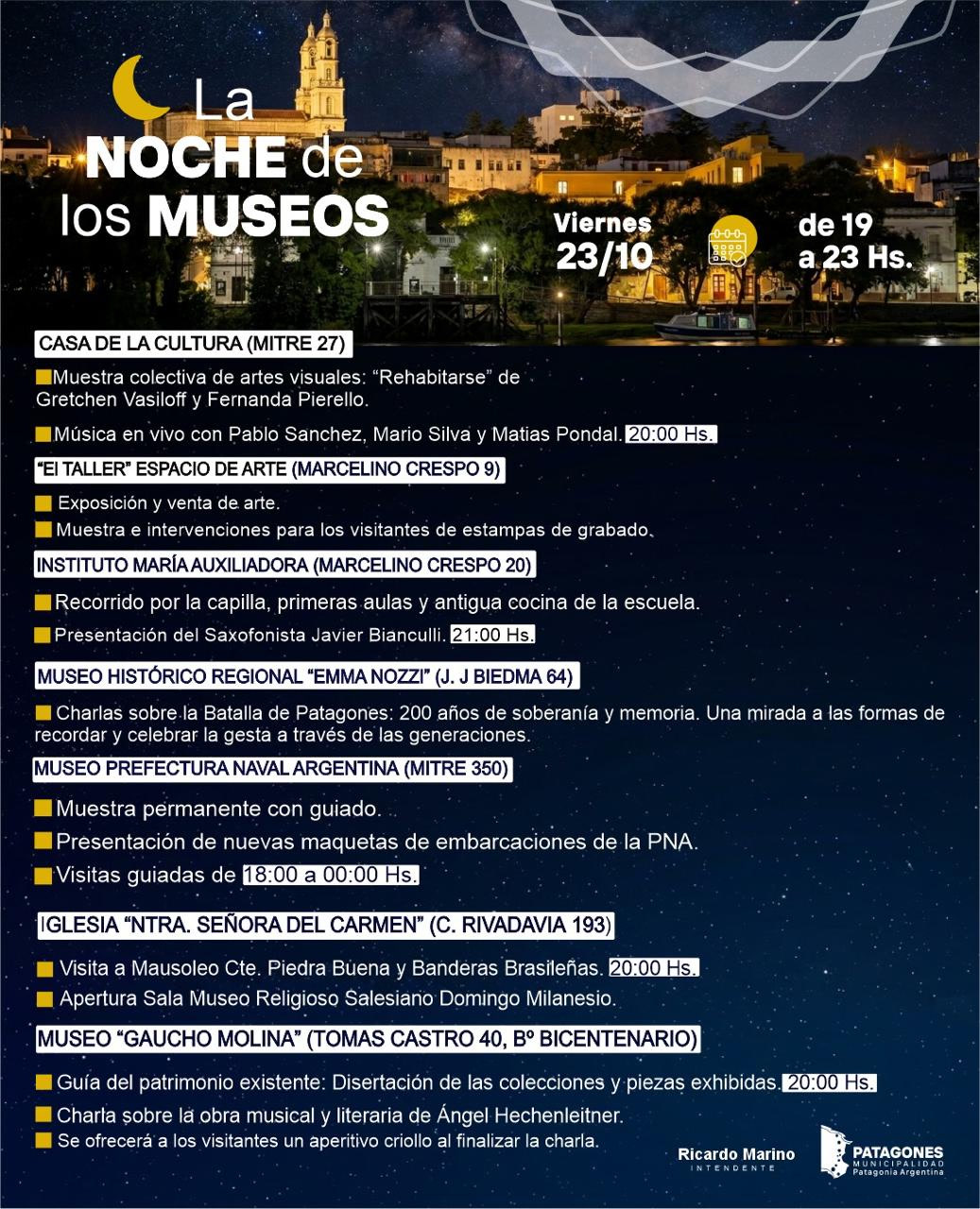 Programa completo de la Noche de los Museos de Carmen de Patagones del viernes 23 de octubre