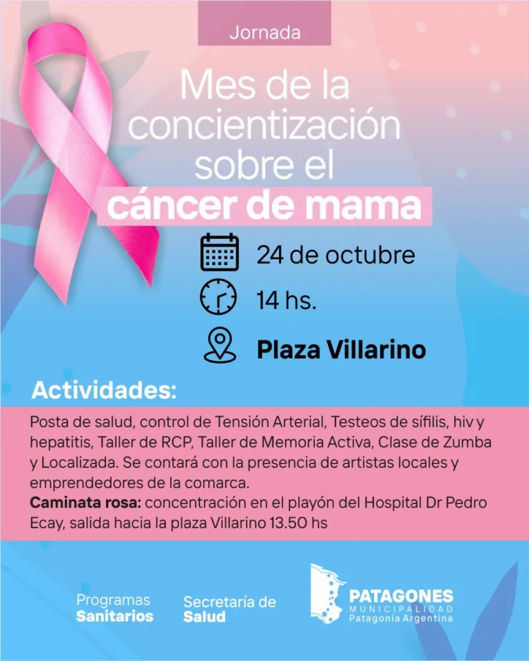 Cartel de la jornada de Octubre Rosa de la Municipalidad de Patagones en la Plaza Villarino, con actividades de prevención y controles de salud