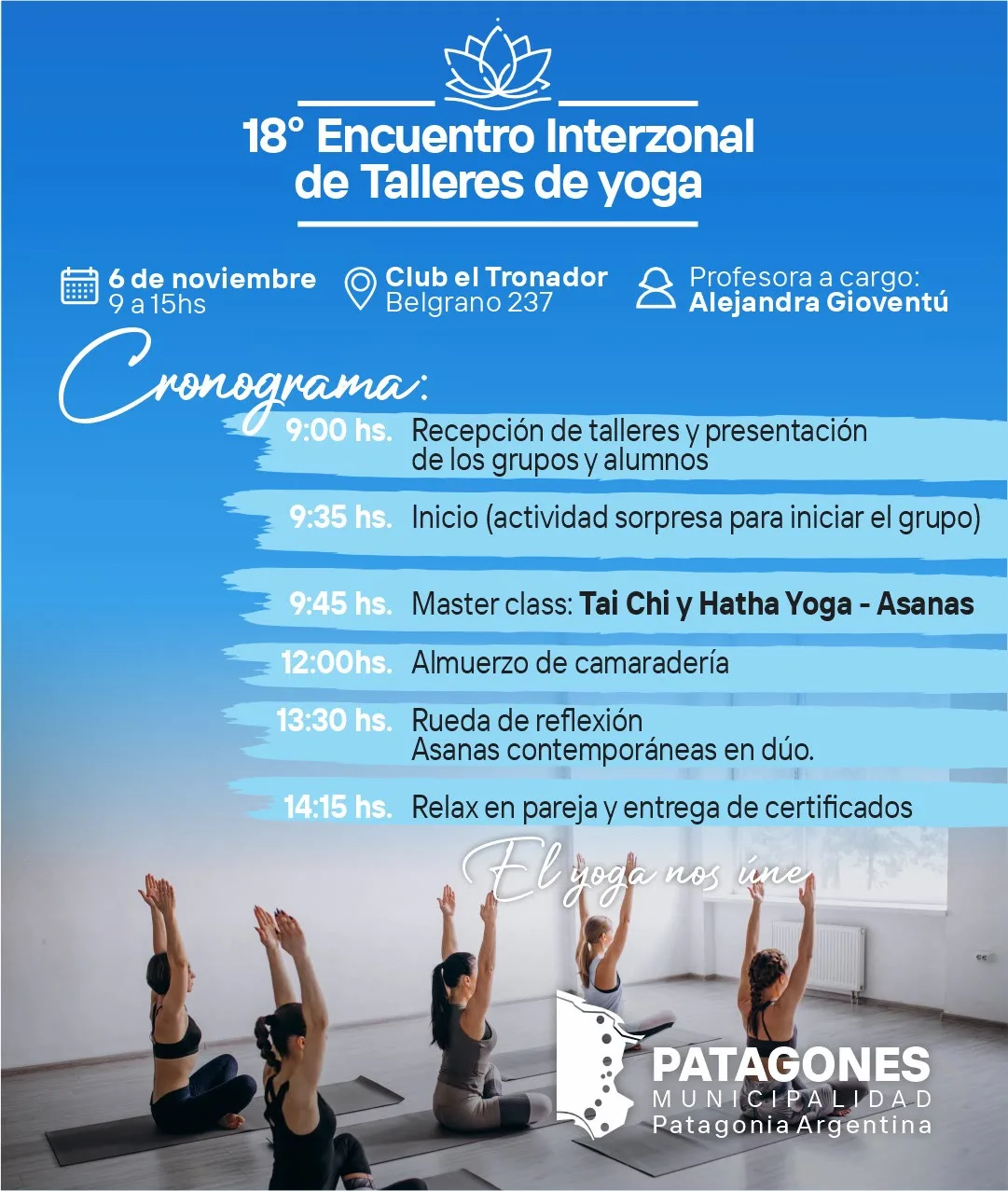 Cartel del 18.º Encuentro Interzonal de Talleres de Yoga en el Club El Tronador de Carmen de Patagones, a cargo de la profesora Alejandra Gioventú